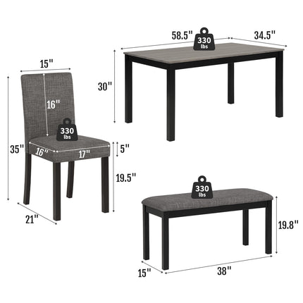 6-Piece Solid Wood Dining Table Set, Including 1 Dining Table, 4 Upholstered Chairs and 1 Bench, Wooden Legs Dining Table Set for Dining Room, Kitchen, Restaurant, Dark Grey