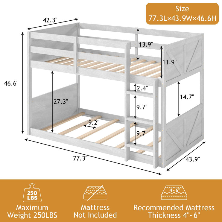 Wooden Bunk Bed Twin Over Twin, Low Bunk Bed, Solid Rubberwood Bed Frame with Built-in Ladder, Floor Bunk Bed for Bedroom, Space Saving, No Box Spring Needed, Antique White