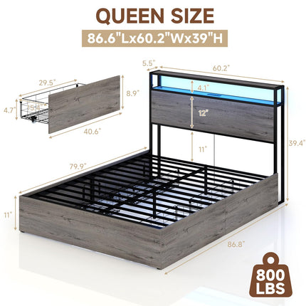 Queen Bed Frame with 4 Drawers & Headboard, Queen Size Metal Platform Bed Frame with Charging Station, LED Lights, Sturdy & Stable Queen Size Bedframe, Noiseless, No Box Spring Needed