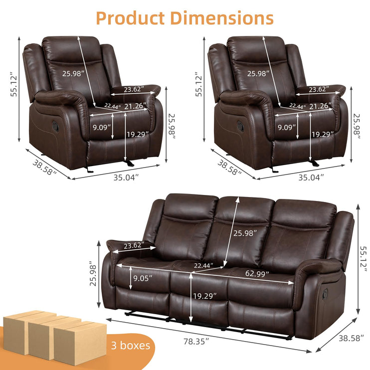 3-Piece Recliner Sofa Set, 1+2+1, 1+3+1, 1+2+3 Pieces in Living Room, Loveseat Sofa, Recliner Chair & Sofa Set with PU Leather, Cup Holders, Backrest & Angle Adjustment for Office & Home Theater, Brown Seat