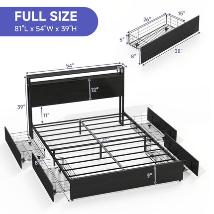 Full Bed Frame with 4 Storage Drawers, Full Size Bed Frame with Headboard, LED, Charging Station with USB Ports & AC Outlets, Sturdy Metal Slat Support, No Noise, Black