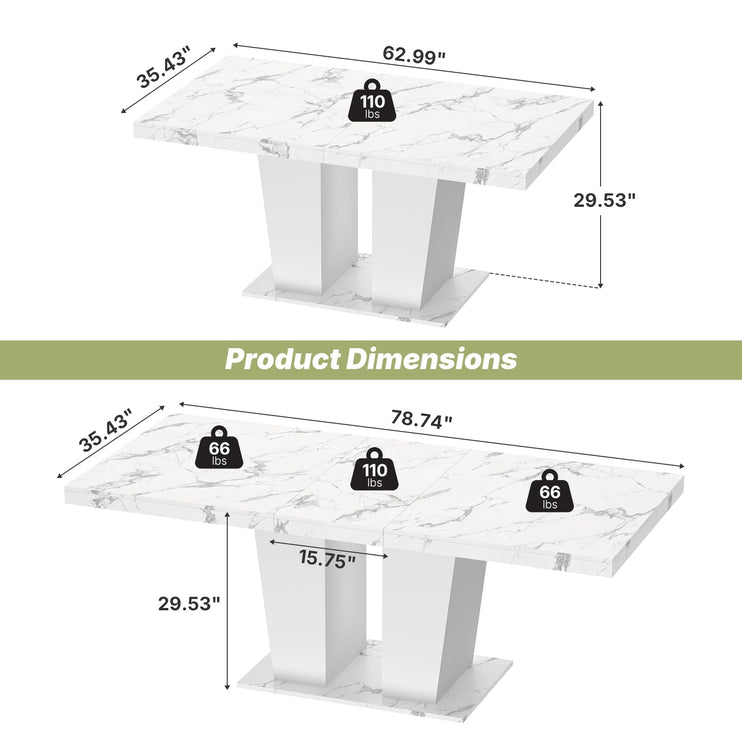 63"-78.7" Expandable Dining Table, 6-10 Farmhouse Kitchen Table, Extendable Console Table, Wooden Farmhouse Kitchen Table with Metal Track & Dual Column Base for Dining Room, Office-White