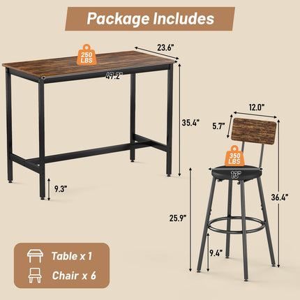 Dining Table Set for 6, 7-Piece Bar Table Set, Kitchen Table and Chairs, Counter Height High Top Table with 6 PU Upholstered Stools, Space-Saving Pub Tables Set for Small Space, Brown