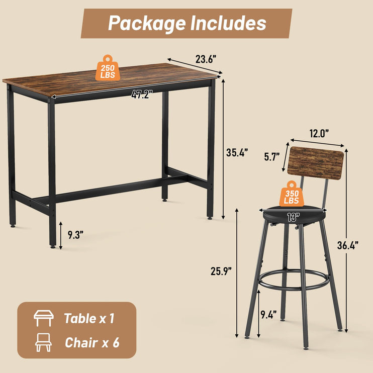 Dining Table Set for 6, 7-Piece Bar Table Set, Kitchen Table and Chairs, Counter Height High Top Table with 6 PU Upholstered Stools, Space-Saving Pub Tables Set for Small Space, Brown