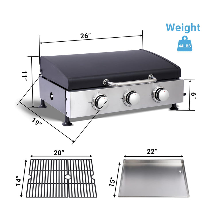 3 Burner Portable Propane Grill, Tabletop Gas Grill with Stainless Steel Grill Tray, Regulator, 28,680 BTU Gas Griddle Flat Top Grill for Patio, Garden Barbecues, Camping