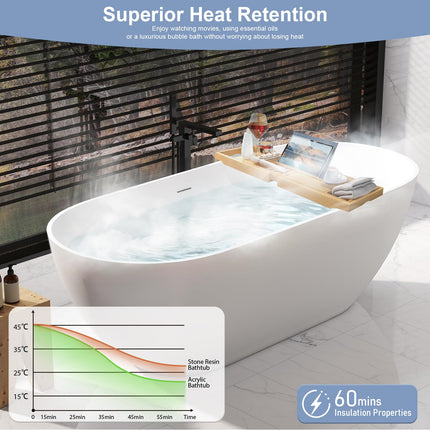 59/63/69 Inch Solid Surface Freestanding Bathtub, Oval Shaped Soaking Stone Resin Bath Tub with Brushed Overflow and Drain, Matte White Stand Alone Bathtub, cUPC Certified