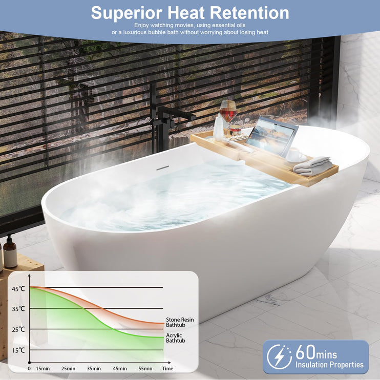 59/63/69 Inch Solid Surface Freestanding Bathtub, Oval Shaped Soaking Stone Resin Bath Tub with Brushed Overflow and Drain, Matte White Stand Alone Bathtub, cUPC Certified