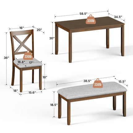 6-Piece Solid Wood Dining Table Set, Including 1 Dining Table, 4 Upholstered Chairs and 1 Bench, Wooden Dining Table Set for Kitchen, Dining Room, Walnut