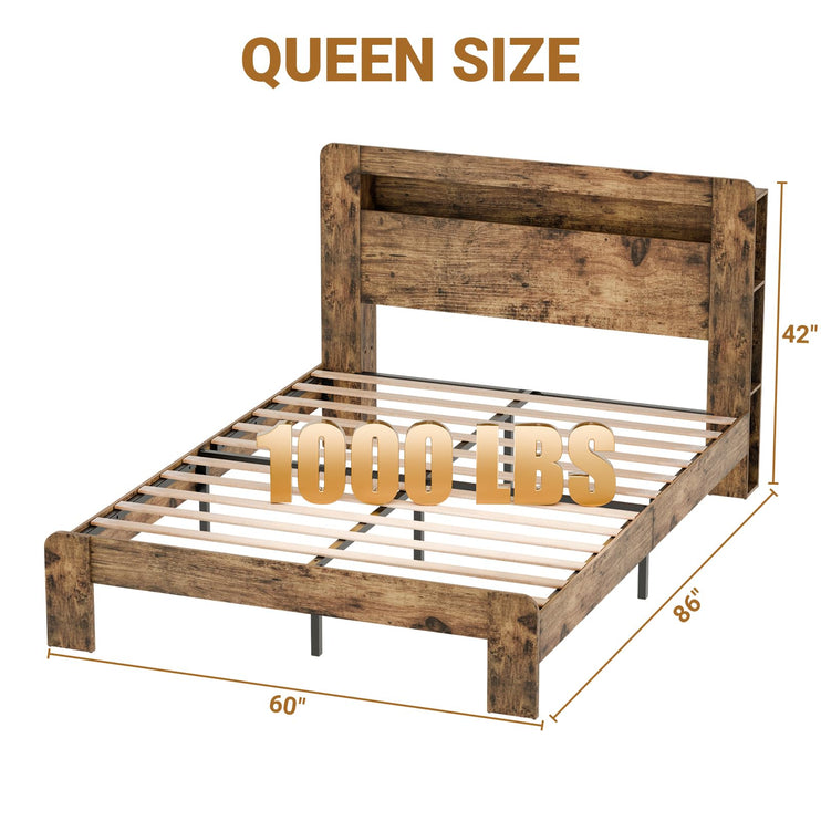 Queen Size Bed Frame with Headboard, Bed Frame Queen Size with Charging Station, Built in LED Light Strip, No Noise, No Box Spring Needed, Rustic Brown(Rectangular Slot)