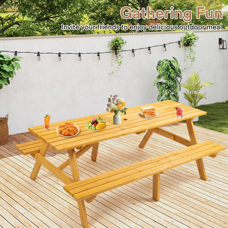 8 Person Wood Picnic Table, Rectangle Tabletop with Umbrella Hole, 2 Built-in Long Benches, 2220LBS Total Capacity for Gardens, Yards, Pale Wood