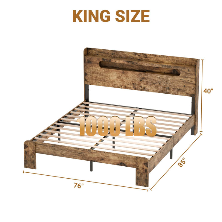 King Size Bed Frame Wood with Headboard, LED Light, Charging Station with 2 USB Ports & 2 AC Outlets, Durable Wooden Frame, No Noise, Rustic Brown (Arc Edge Rectangular Slot)