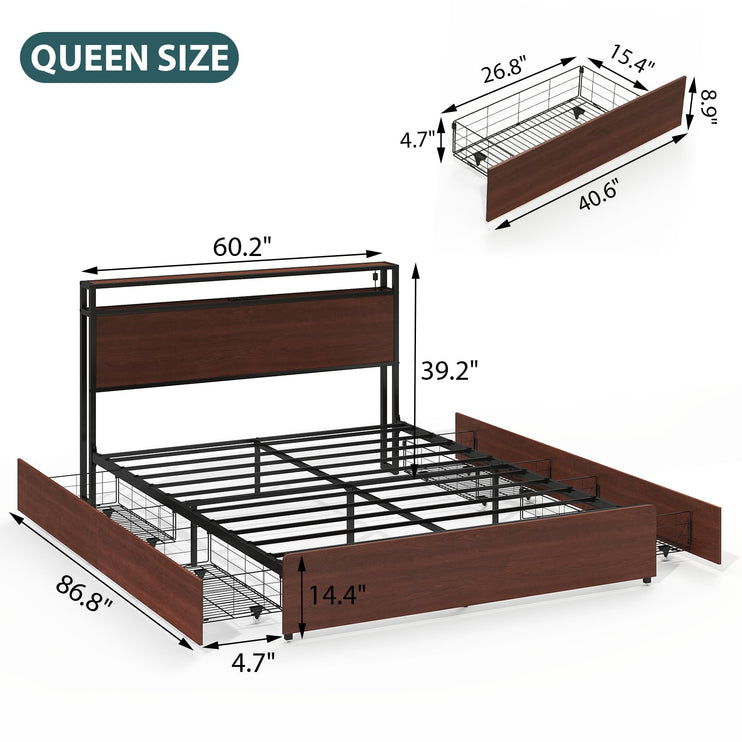 Queen Size Bed Frame with 4 Storage Drawers, Queen Platform Bed Frames with 2 Tier Storage Headboard, Charging Station, Adjustable LED Light, Noise-Free, No Box Spring Required, Reddish Brown