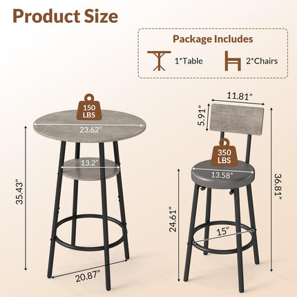3 Pieces Round Bar Table and Chairs Set, Small Dining Table for 2, Kitchen Bar Table, Breakfast Table with Storage, 2 Thickened Cushion Stools with Backrest for Dining Room & Bistro-Grey