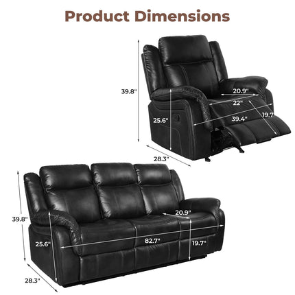 Leather Manual Recliner Sofa Set, Reclining Sofa Chair with Adjustable Angle, Living Room Furniture Sets, Includes Single Recliner Chair and Loveseat Sofa, Black