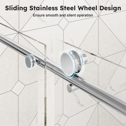 56"-60" W x 76" H Frameless Sliding Shower Door, Bathroom Sliding Door with 1/4'' Tempered Glass, Explosion-Proof Film, Silent Soft-Close Shower Door, Stainless Steel Handle, Brushed Nickel