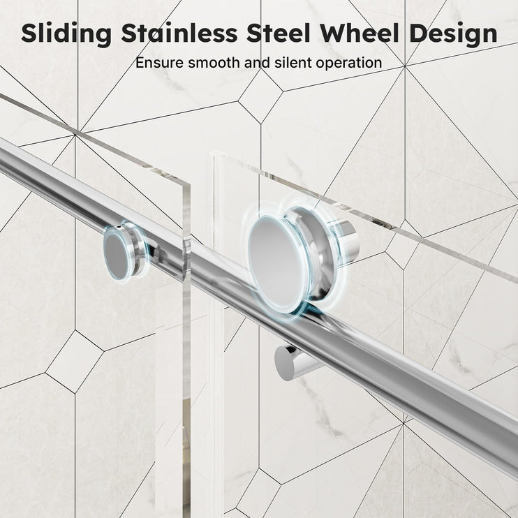 56"-60" W x 76" H Frameless Sliding Shower Door, Bathroom Sliding Door with 1/4'' Tempered Glass, Explosion-Proof Film, Silent Soft-Close Shower Door, Stainless Steel Handle, Brushed Nickel