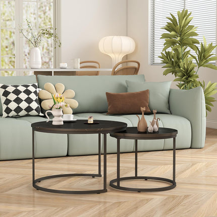 Small Coffee Table Round, Wood Nesting Coffee Table Set 27.6” with Marble Pattern Circle Table for Living Room, Bedroom, Patio, Yard (Black)