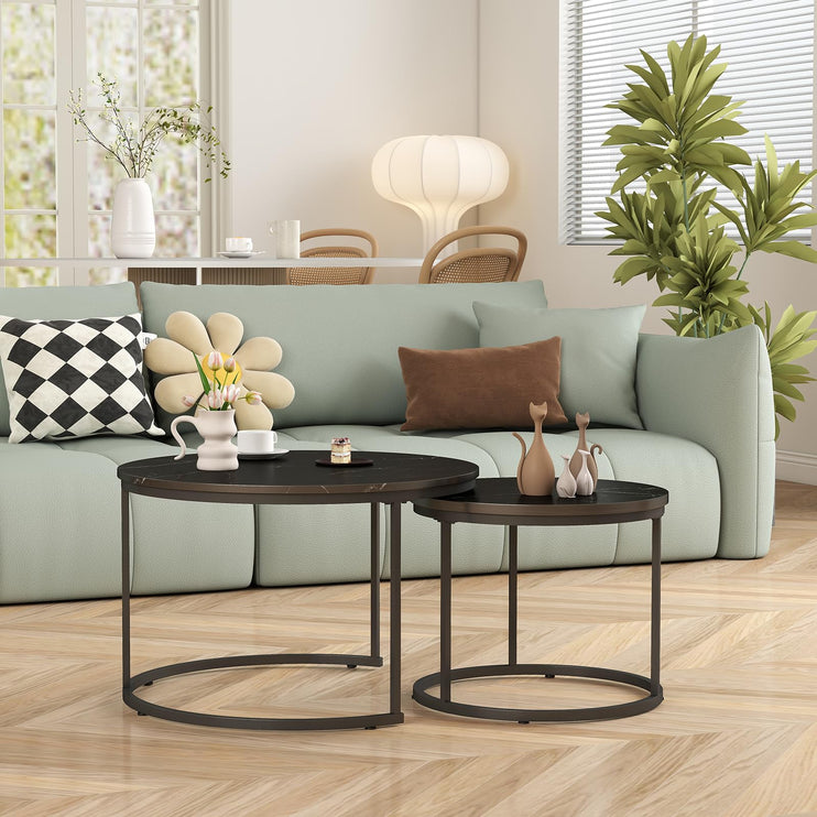 Small Coffee Table Round, Wood Nesting Coffee Table Set 27.6” with Marble Pattern Circle Table for Living Room, Bedroom, Patio, Yard (Black)