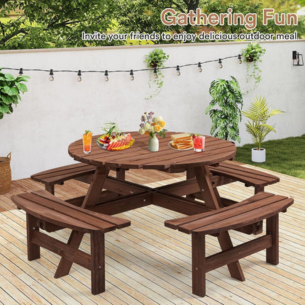 8 Person Wood Picnic Table, Round Tabletop with Umbrella Hole, 4 Integrated Curved Benches, 2220LBS Overall Capacity for Patios, Backyard, Rustic Brown