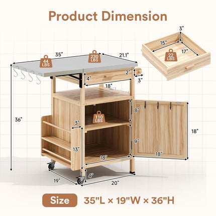 Outdoor Grill Cart with Drop Leaf, Stainless Steel Tabletop Outdoor Kitchen Island, Solid Wood Outdoor Buffet Cabinet with Drawer, Towel Rack, Lockable Wheels for Grilling, Brown/Light Wood Color/Gray-blue