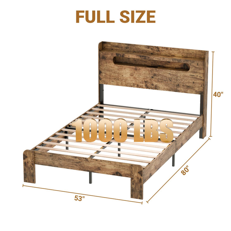 Full Size Bed Frame Wood, Full Bed Frame with LED Lights, Charging Station with 2 USB Ports & 2 AC Outlets, Sturdy Wood Framework, Noiseless, Rustic Brown (Arc Edge Rectangular Slot)