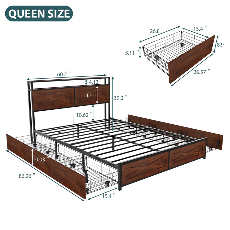 Queen Size Storage Bed Frame with 6 Underbed Drawers, Queen Platform Bed Frames with Charger & LED Lights, Metal Slats & Wooden Headboard, Easy Assembly, Reddish Brown