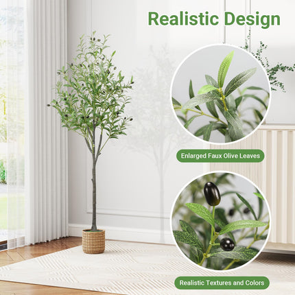 Artificial Olive Trees Indoor, 5FT Faux Olive Silk Tree with Black Pot, Fake Silk Artificial Olive Tree, Low Maintenance Realistic Trunk & Branches, Lifelike Fruits, Easy Assembly Indoor Plant