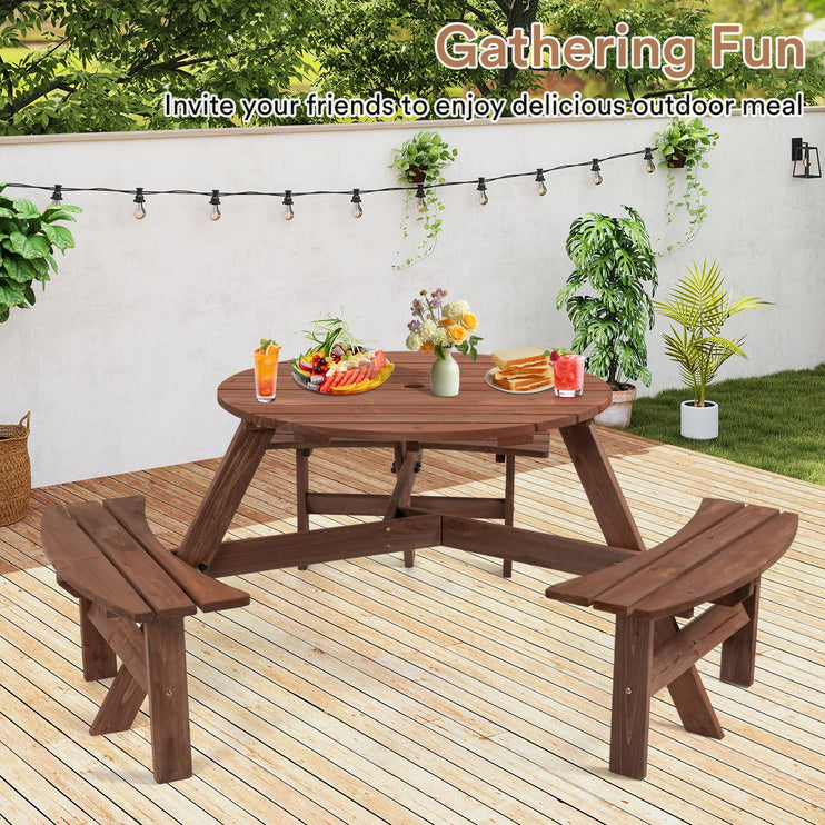 6 Person Wood Picnic Table, Round Tabletop with Umbrella Hole, 3 Built-in Curved Benches, 1720LBS Total Capacity for Patios, Backyard, Brown