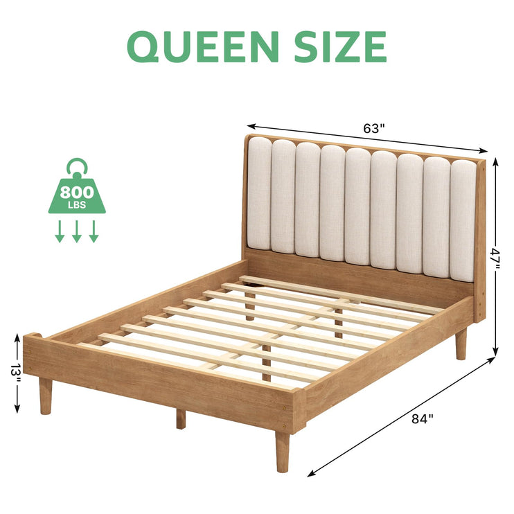Wood Queen/King Bed Frame with Piano Key Style Upholstered Headboard, Sturdy Solid Wood Framework & Wooden Slat Support, No Box Spring Required, Wheat