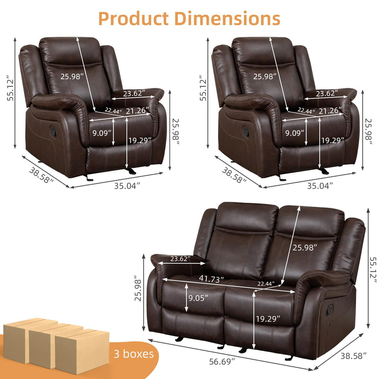 3-Piece Recliner Sofa Set, 1+2+1, 1+3+1, 1+2+3 Pieces in Living Room, Loveseat Sofa, Recliner Chair & Sofa Set with PU Leather, Cup Holders, Backrest & Angle Adjustment for Office & Home Theater, Brown Seat