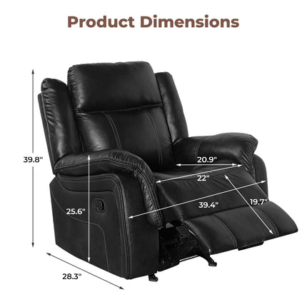 Leather Manual Recliner Sofa Set, 1, 2, 3 Seat Reclining Chairs with Adjustable Angles, Center Console, Hidden Storage & Cup Holders, Modern Reclining Furniture for Living Room & Bedroom, Black