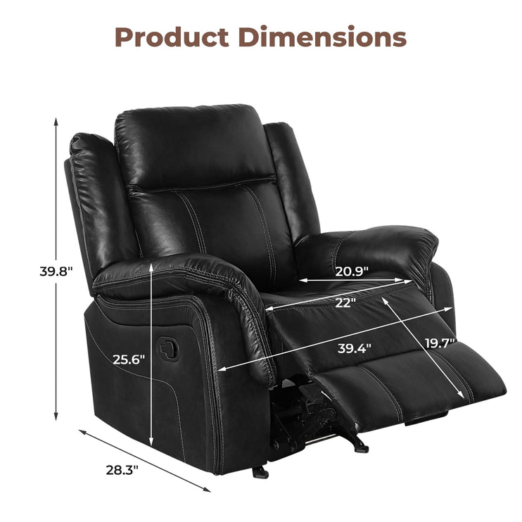 Leather Manual Recliner Sofa Set, 1, 2, 3 Seat Reclining Chairs with Adjustable Angles, Center Console, Hidden Storage & Cup Holders, Modern Reclining Furniture for Living Room & Bedroom, Black