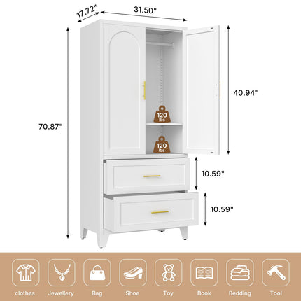 Metal Armoire Wardrobe Closet with Drawers, 2 Doors and Adjustable Shelf, White Wardrobe Cabinet 70.87" X 31.5" X 17.72" Tall Storage Cabinets for Bedroom, Laundry Room, Office