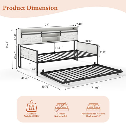 Twin Daybed with Trundle Bed, Rustic Farmhouse Daybed Frame with Sliding Barn Door Headboard LED Lights and Charging Station, Heavy Duty Metal Daybed for Bedroom Living Room Guest Room White