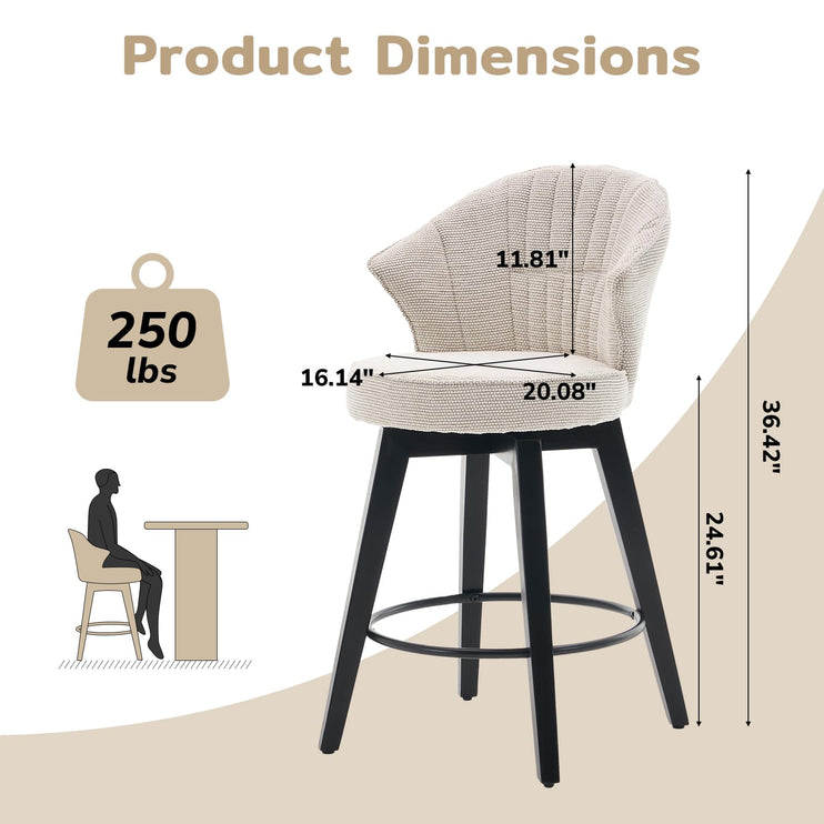 Bar Stools Set of 2, 25" Counter Height Stools, 360° Swivel Bar Stools, Stools for Kitchen Counter, Barstools Set of 2 with Wood Legs & Chenille Upholstery for Pub & Dining Room-White