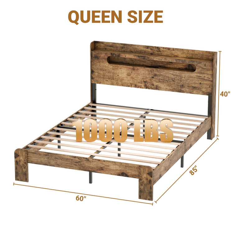 Queen Platform Bed Frame with Headboard, LED Bed Frame Queen with Charging Station, 2 USB Ports & 2 AC Outlets, Sturdy Wood Framework, Noiseless, Rustic Brown (Arc Edge Rectangular Slot)