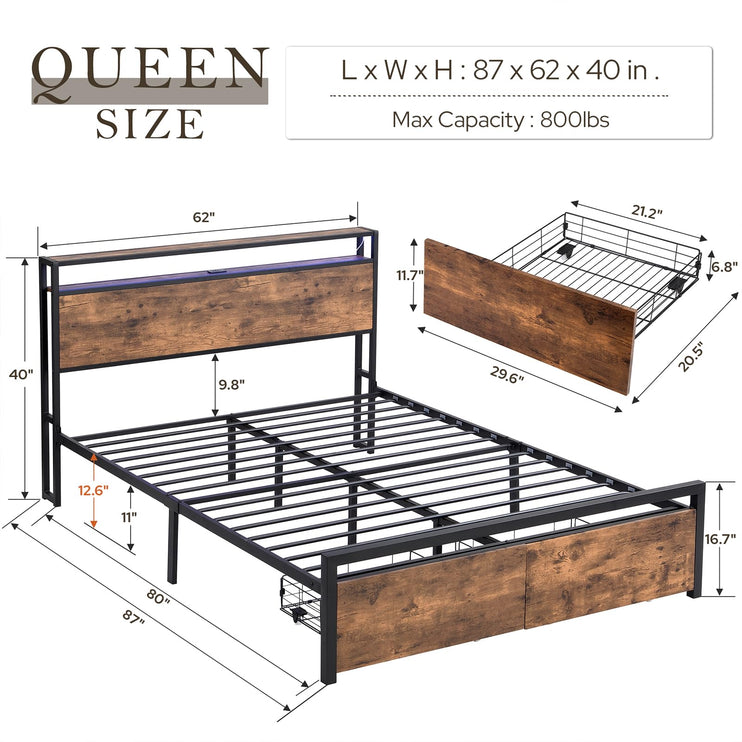 Queen Bed Frame with Storage Drawers, Bed Frame Queen Size with Headboard, LED Light, Charging Station with 3 USB Ports & 1 Type-C Port, No Noise, Rustic Brown