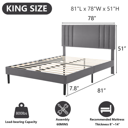 Upholstered Bed Frame King, PU Leather Upholstered Bed Frame with Headboard, Mattress Foundation with Sturdy Wooden Slats, No Box Spring Needed, No Noise, Grey