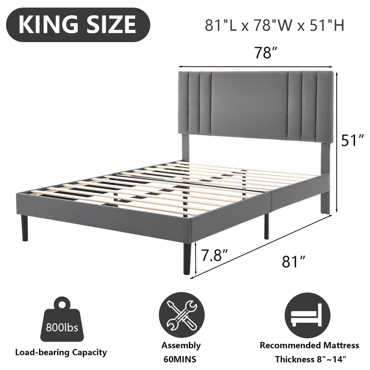Upholstered Bed Frame King, PU Leather Upholstered Bed Frame with Headboard, Mattress Foundation with Sturdy Wooden Slats, No Box Spring Needed, No Noise, Grey