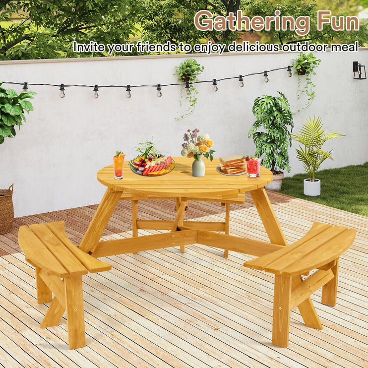 6 Person Wood Picnic Table, Round Tabletop with Umbrella Hole, 3 Built-in Curved Benches, 1720LBS Total Capacity for Balcony, Garden, Light Wood Color