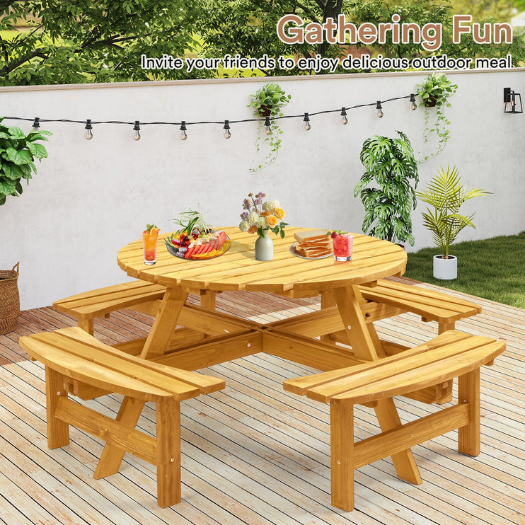 8 Person Wood Picnic Table, Round Tabletop with Umbrella Hole, 4 Built-in Curved Benches, 2220LBS Total Capacity for Patios, Backyard, Light Wood Color