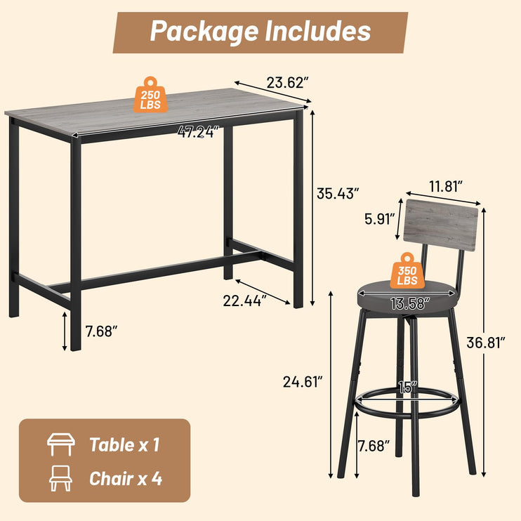Dining Table Set for 4, 5-Piece Bar Table Set, Kitchen Table and Chairs, Counter Height High Top Table with 4 PU Upholstered Stools, Space-Saving Pub Table Sets for Small Space, Gray