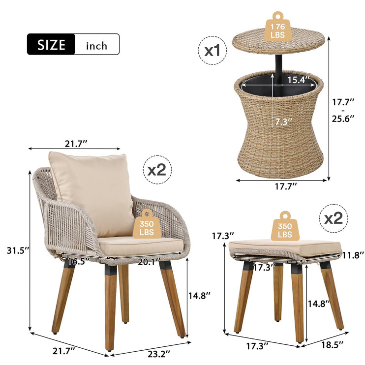 5 Piece Rope Patio Furniture Set, All-Weather Conversation Sets for Backyard with Handwoven Armchairs, Ottomans, Pop-Up Cool Bar Wicker Table, Beige