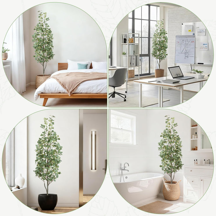 6FT Artificial Eucalyptus Tree with Wicker Basket & Black Pot, Indoor Green Faux Eucalyptus Trees, Fake Eucalyptus Plants with Lifelike Leaves & Natural Trunk for Home Office Bedroom, 2 Pack
