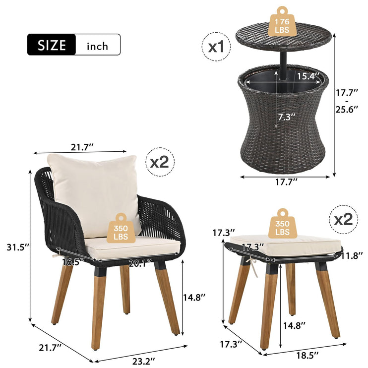 5 Piece Rope Patio Furniture Set, All-Weather Conversation Sets for Backyard with Handwoven Armchairs, Ottomans, Pop-Up Cool Bar Wicker Table, Beige