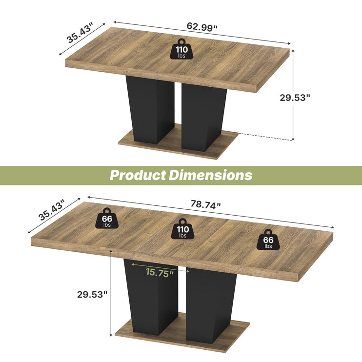 63"-78.7" Expandable Dining Table, 6-10 Rectangle Table, Extendable Console Table, Wooden Farmhouse Kitchen Table with Metal Track & Dual Column Base for Living, Office-Brown