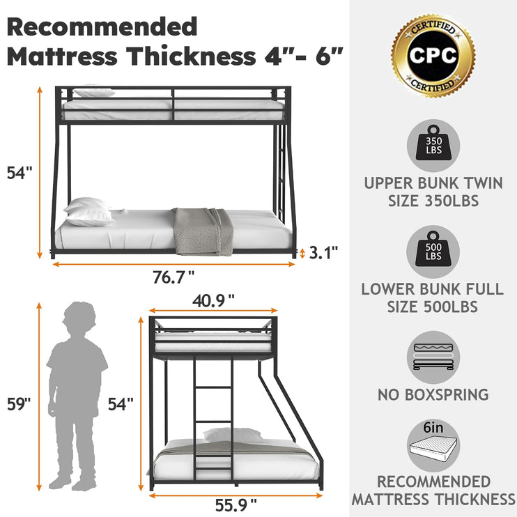 Twin Over Full Size Bunk Bed, Metal Low Profile Bunkbeds with Full-Length Guardrail and Ladder, Space Saving, No Boxing Spring Needed, Black
