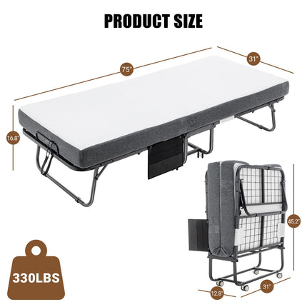 Folding Bed with 5" Mattress for Adults Portable Rollaway Bedframe for Guests, Sturdy Metal Frame, 75” x 31”, Black Gray