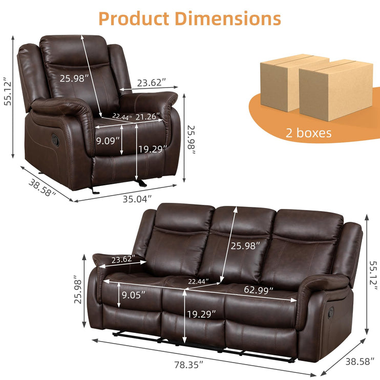 Adjustable Recliner Sofa Set, 2-Piece Reclining Couch (1+3, 2+3), Single Seat Recliner & Sofa Set with PU Leather, Cup Holders, Ergonomic Backrest & Angle Adjustment for Living Room & Office, Brown Seat