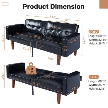 Futon Sofa Bed Futon Couch Loveseat, Convertible Recliner Lounge with Adjustable Backrest, Foam and Spring Cushions for Living Room Apartment Office, PU Leather, Glossy Black